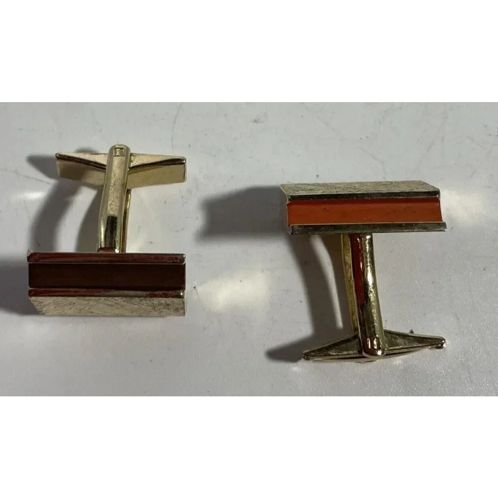 Cufflinks Rectangle Gold Tone Color Block Brown Orange Vintage